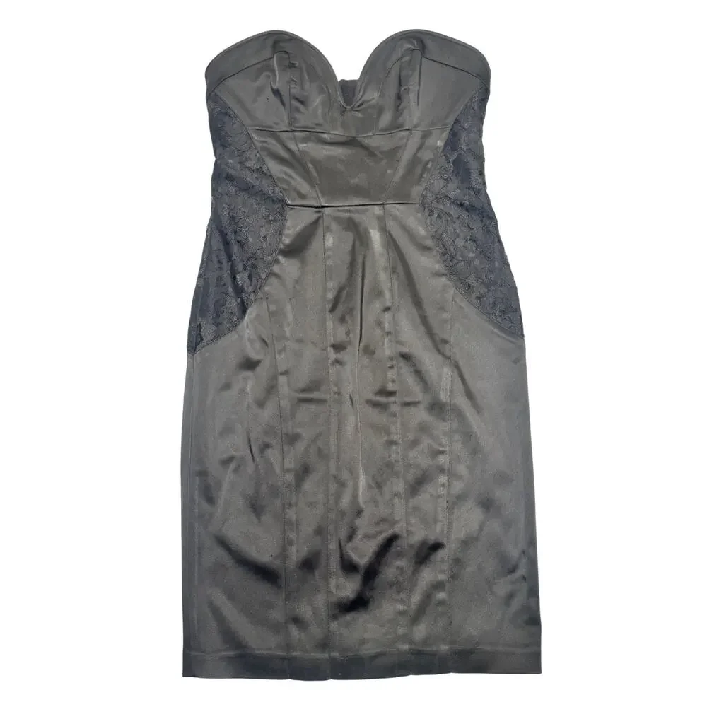 bebe Strapless Black Satin Lace Sheath Dress Women’s Medium Bodycon Bombshell - Picture 4 of 16